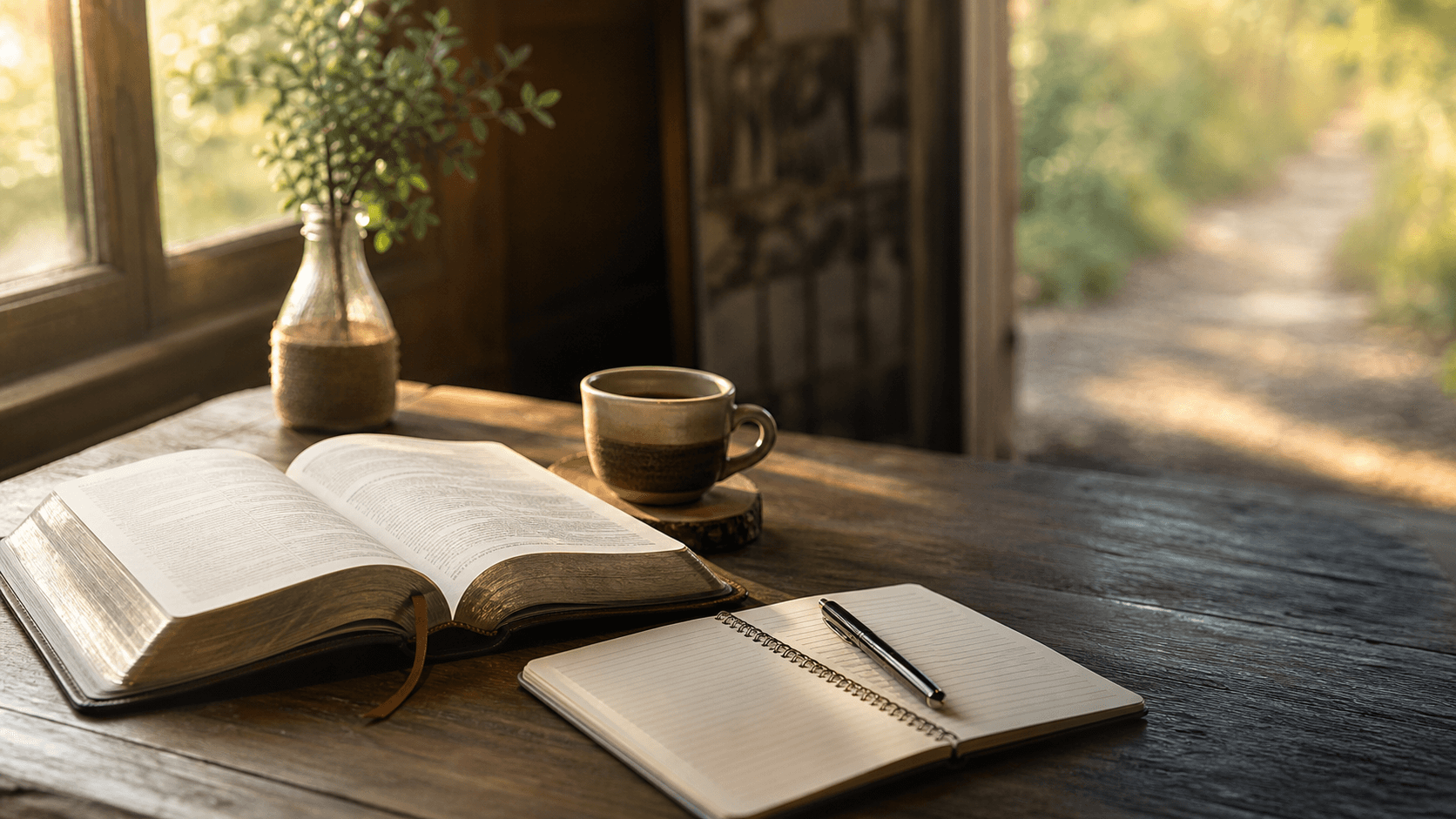 Mesa de estudio con Biblia abierta, cuaderno y luz natural