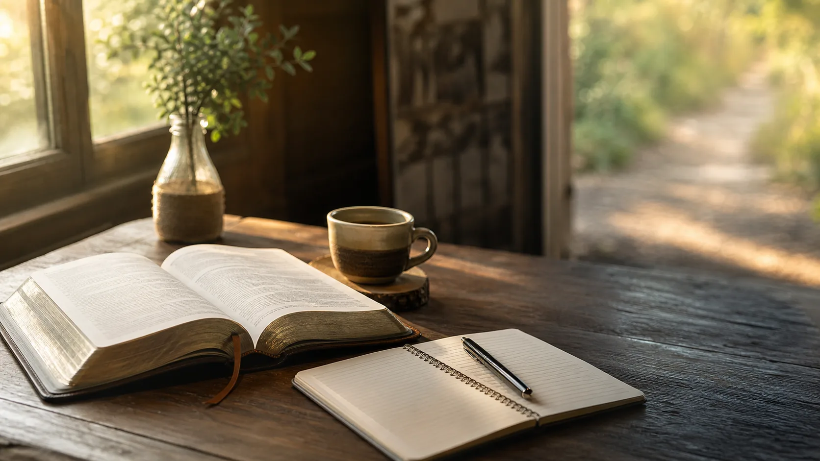 Mesa de estudio con Biblia abierta, cuaderno y luz natural